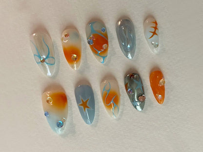 Y2k Nail Set with Elegant Motifs | Y2k-Inspired Press On Nails| Orange and Blue with Unique Chrome Designs | JT444