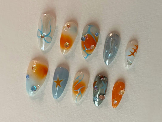 Y2k Nail Set with Elegant Motifs | Y2k-Inspired Press On Nails| Orange and Blue with Unique Chrome Designs | JT444