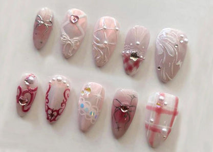 Elegant Y2K Nail Set | Pearly Pink Press On Nails | Retro Y2K Inspired 3D Gel Nail | Handmade 3D Gel Nails | JT373