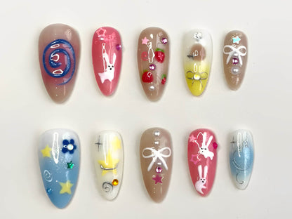 Creative Press On Nails: Artistic Set with Various Colors | Bunnies, Fruits, Sparkling Stars & Glitter | Cartoon Nail Set | Easter Nails|J14