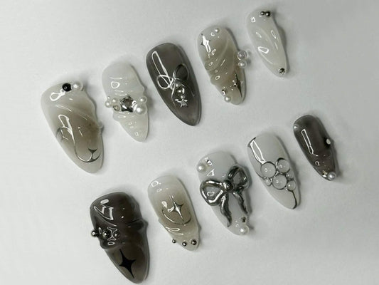Cool Y2k Press On Nails | Silver-Gray and White 3D Gel Raised Press On Nail Set | Diverse Charms | Nail Art | J18