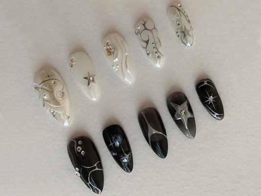 Black & White Press On Nails | Gothic Gel Nail Art | Gem Charms and Silver Filigree Nails | Luxurious Gothic Style Nails | J16