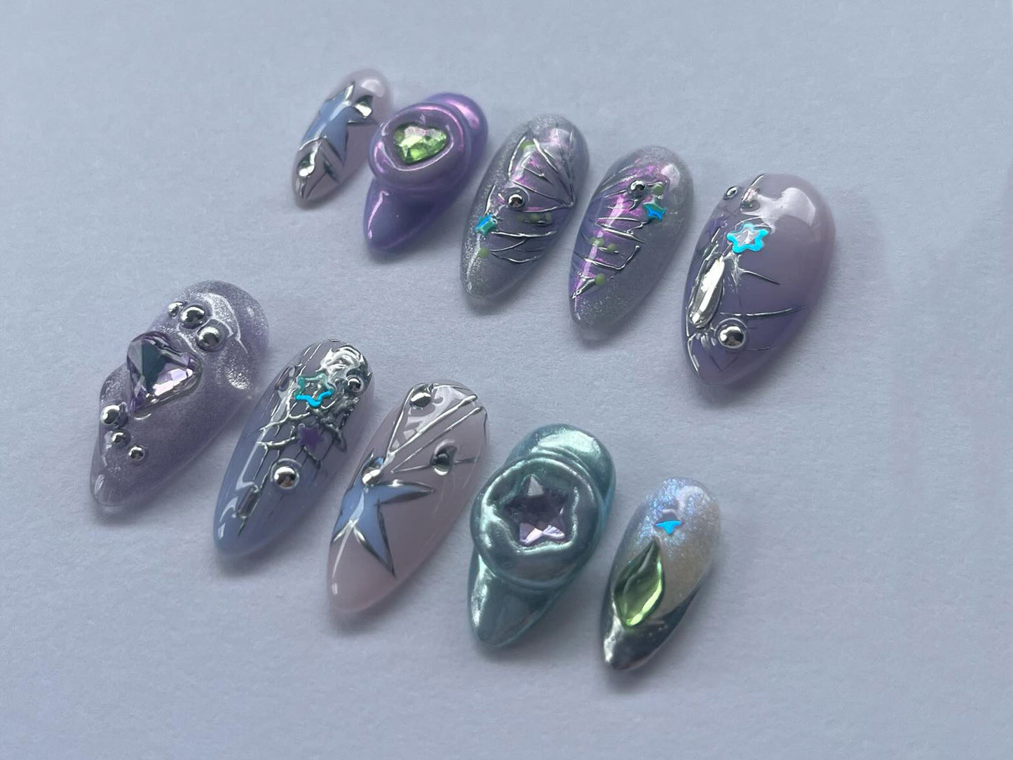 Purple Y2K-inspired Press On Nails | Classic Mermaid Handpainted 3D Raised Gel in Fake Nails | Butterfly, Star Motif Nail Art | J30