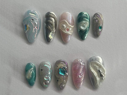 Freestyle Handpainted Press On Nails | 3D Gel Nail Set | Y2k Nails with Vibrant Colors | Unique Nail Design | J33