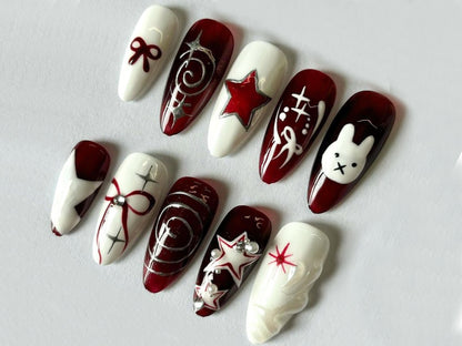 Mechanic Press On Nails | Easter Nails | Rabbit Design | Red Ombre Nails | Gel Fake Nails | Y2K Nail | Gift For Her | J91