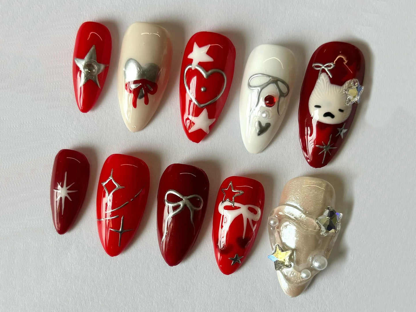 Y2K-inspired Mimi Press On Nails | Red Nails Theory | Ribbon and Heart in Fake Nails | 3D Gel Nail Set | Cat Lover Nail | Cute Nails | J88