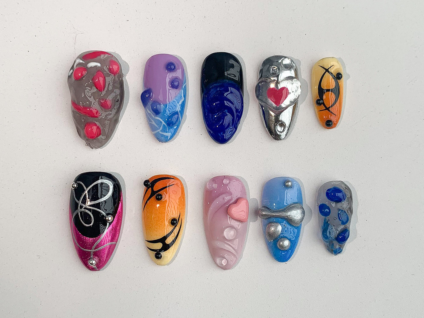 3D FreeStyle Press On Nails | Colorful Handpainted Short Long Almond Press On Nails| 3D Raised GelXNails| Acrylic Nail Set| Fake Nails| J96