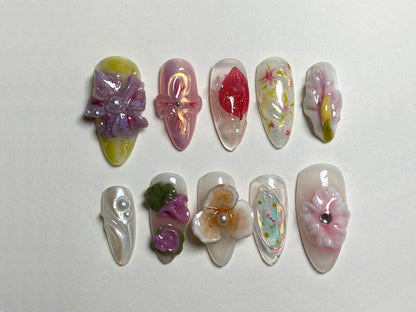 3D Dry Orchard Flower Press On Nail | Custom Handpainted Acrylic Spring Fake/False Nail | Floral Nails | Fairy Tale Fairycore Nails | J101