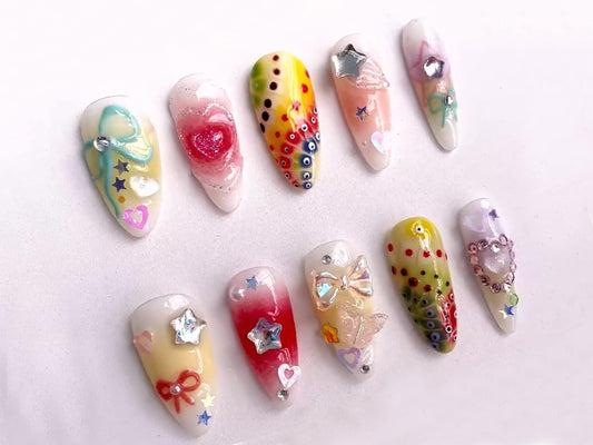 Creative Press On Nails: Artistic Set with Various Colors | Butterflies, Bow, Sparkling Stars & Glitter | Polka Dots Nail Set | J103