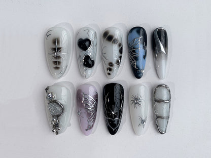 Y2K-inspired Metallic Press On Nails | 3D Silver Chrome Butterfly in Fake Nails | Black and White Nail Set | Abstract Nails | Spider | J108