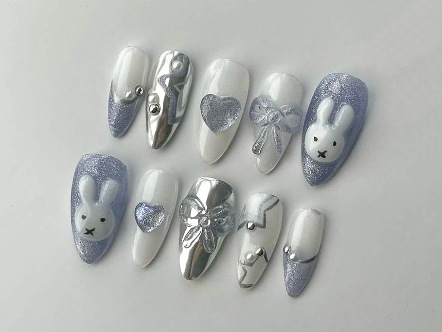 Cute Blue Bunny Press On Nails | Bunnie Designs in Fake Nails | Custom Handpainting 3D Silver Bow with Heart Chrome | Kawaii Nails | J110