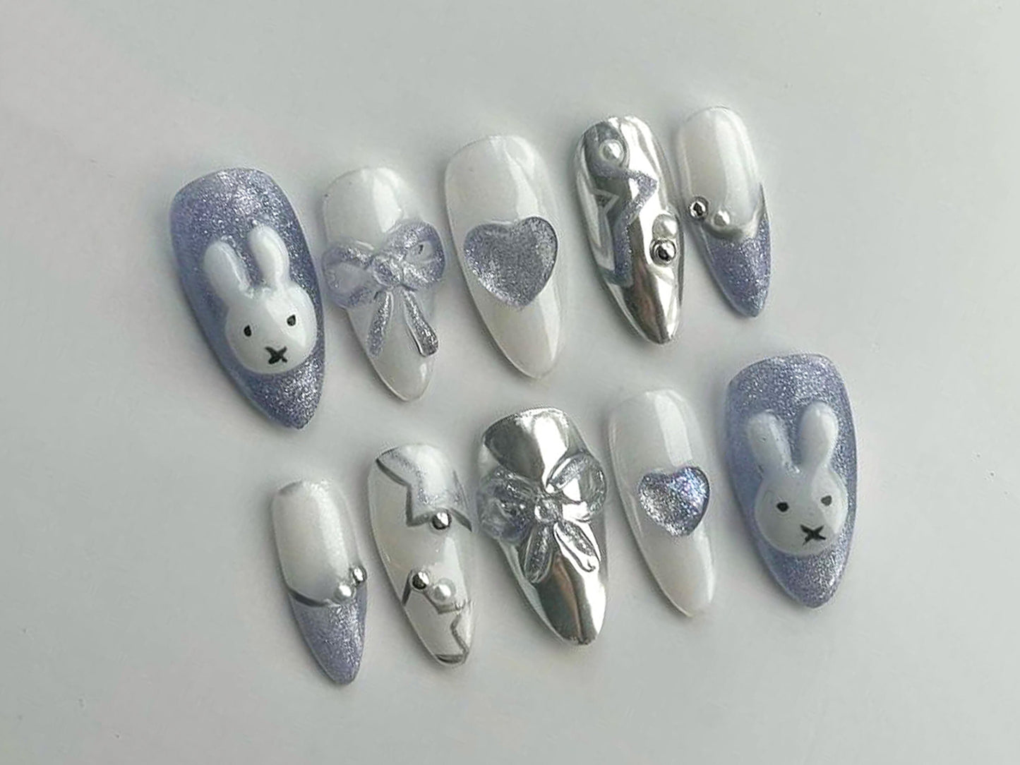 Cute Blue Bunny Press On Nails | Bunnie Designs in Fake Nails | Custom Handpainting 3D Silver Bow with Heart Chrome | Kawaii Nails | J110