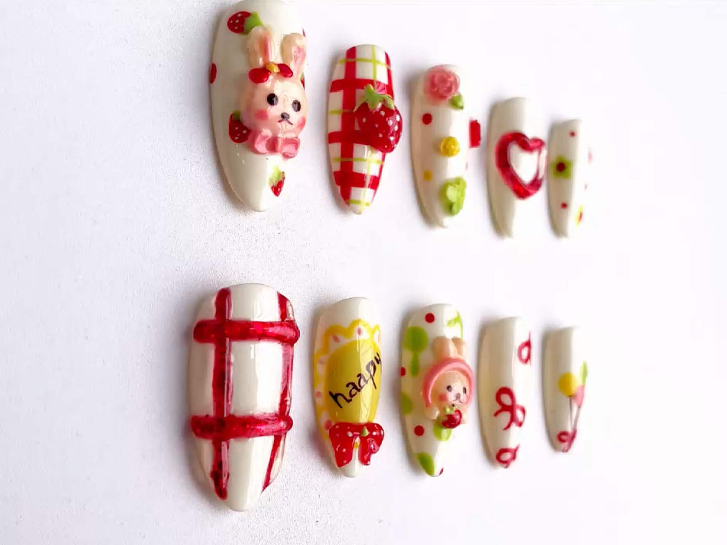 Cute Bunny Press On Nails | White Base with Red Patterns | 3D Gel Nails | Bunny and Strawberry Press On Nails | Gift For Her | J111