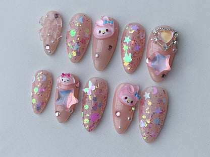Sanrio Cartoon Press On Nails | Pink Melody and Cinnamoroll Designs Motif | Bunny Miffy Dreamy Sparkling Fake Nails| Jelly Cute Nails | J116