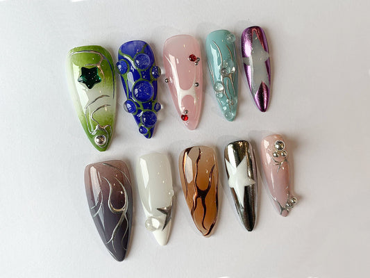 Y2K Press On Nails | Stand Out with Mirror Finish and Vibrant Colors | 3D Gel Press On Nails | Press On Nails Long Stiletto | J57