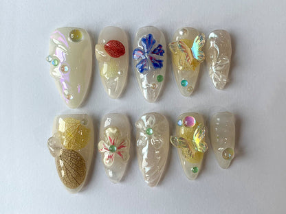 Dreamy Garden Flower Press On Nails | 3D Jelly Orchad,Blossom in Fake Nails | Floral Nails with Butterfly Press Ons | Fairycore Nails | J120