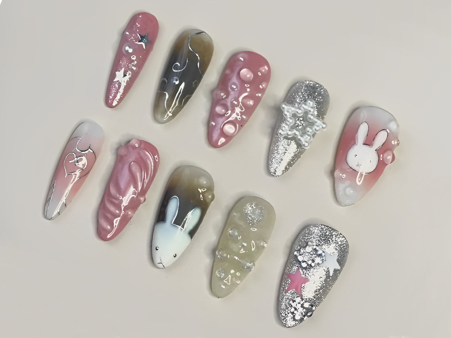 Cute Bunny Nail Art | Adorable Press On Nails | Pink Nails | Star Charm | The Perfect Choice for Any Occasion | J06