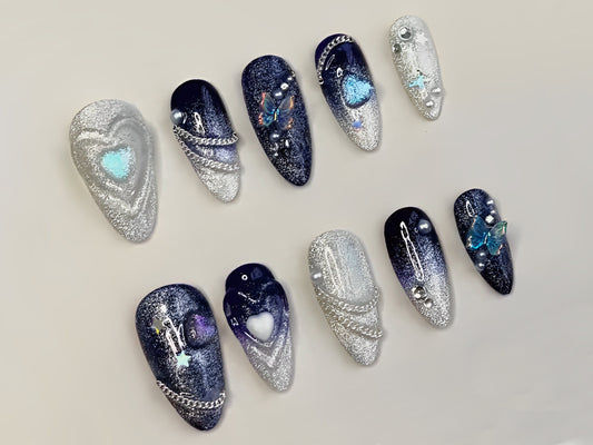 Blue Ombre Press On Nails | Ocean Insprised Nail Art | Butterfly and Heart Charms | Sliver Patterns | J07