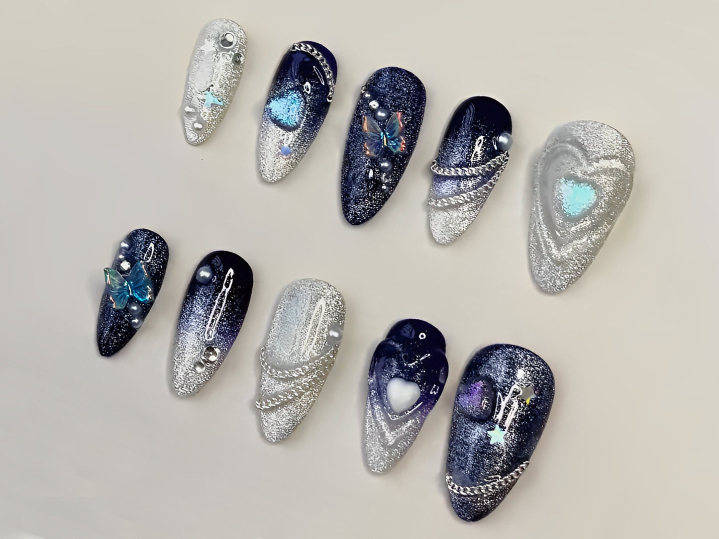 Blue Ombre Press On Nails | Ocean Insprised Nail Art | Butterfly and Heart Charms | Sliver Patterns | J07