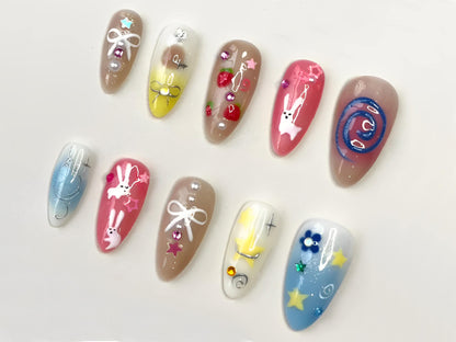 Creative Press On Nails: Artistic Set with Various Colors | Bunnies, Fruits, Sparkling Stars & Glitter | Cartoon Nail Set | Easter Nails|J14