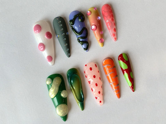 Colorful Nature Press On Nails | Free Style 3D Gel Almond Nails | Trendy Nail Set | Drop Gel Fake Nails | Express Your Style | J124