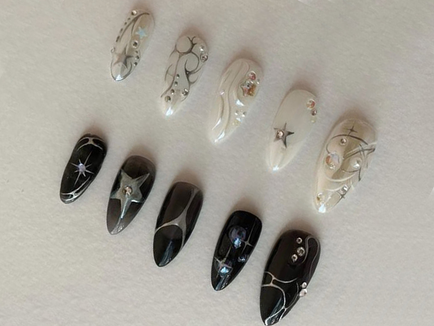 Black & White Press On Nails | Gothic Gel Nail Art | Gem Charms and Silver Filigree Nails | Luxurious Gothic Style Nails | J16