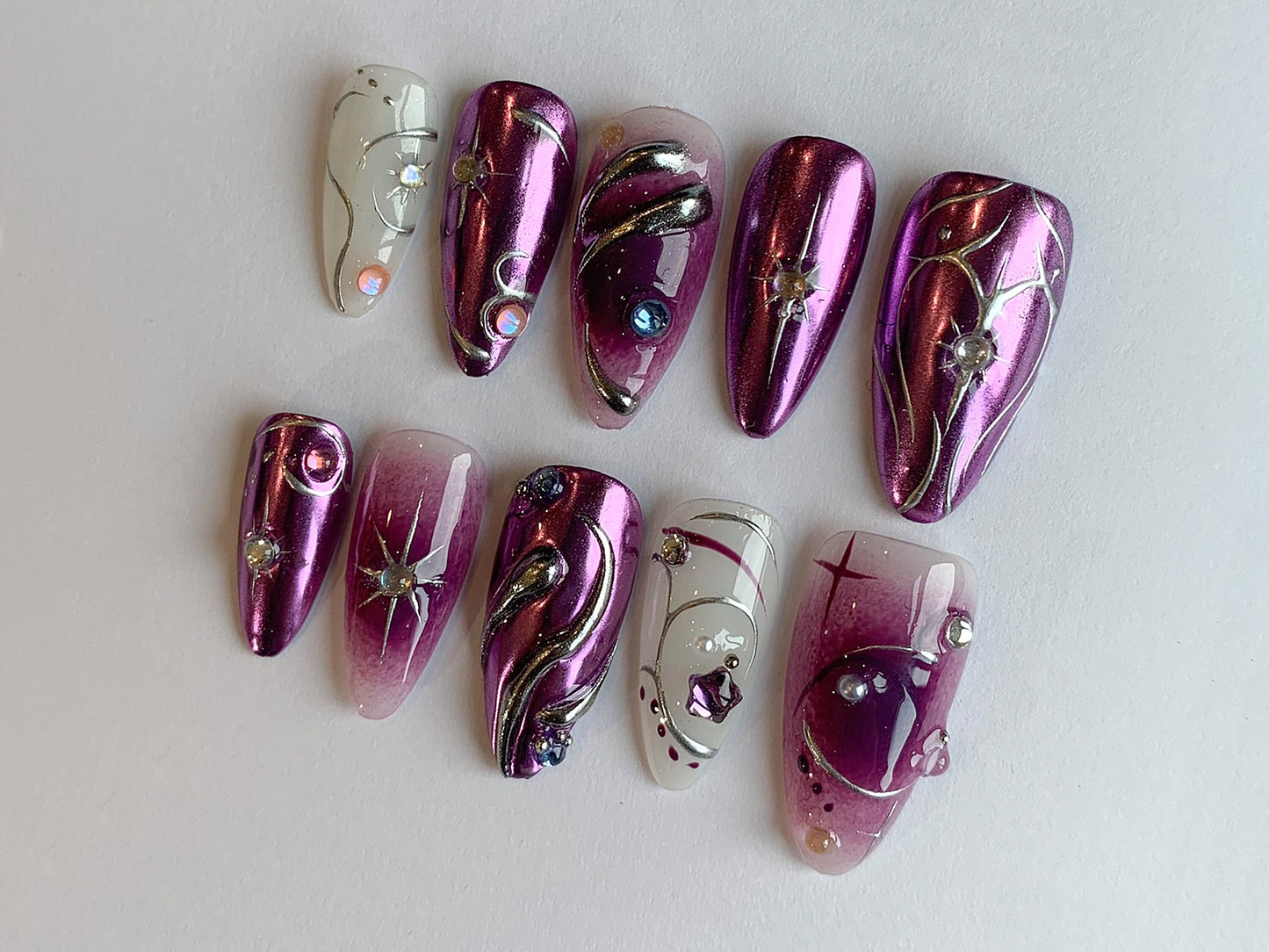 Acubi-Style Press On Nails | Jelly Purple Nail | 3D Freestyle Handpainted Nail Set | Sparkling Gemstone | Y2K Nails | Fake Nails | J126
