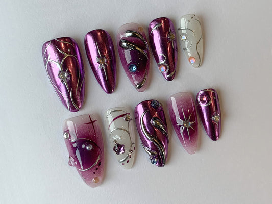 Acubi-Style Press On Nails | Jelly Purple Nail | 3D Freestyle Handpainted Nail Set | Sparkling Gemstone | Y2K Nails | Fake Nails | J126
