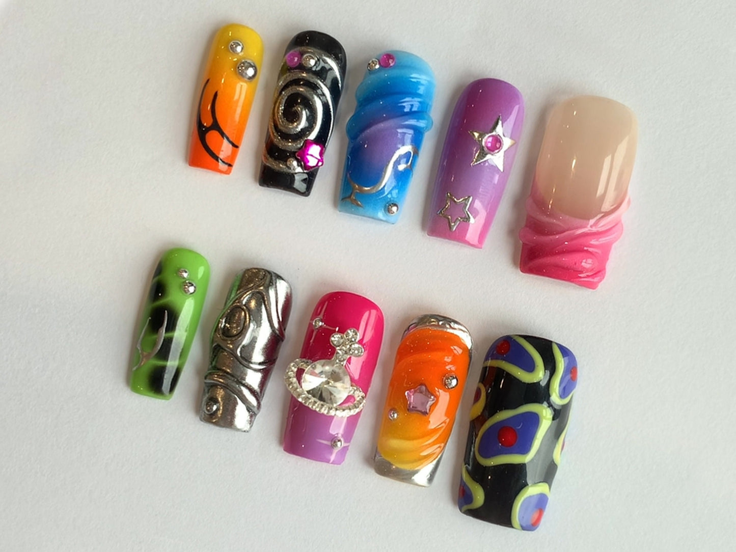 3D FreeStyle Press On Nails | Colorful Handpainted Short Long Almond Press On Nails| 3D Raised GelXNails| Acrylic Nail Set| Fake Nails| J129