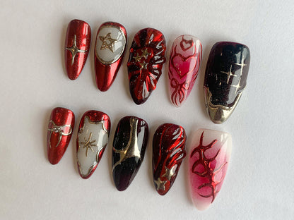 Freestyle Red Chrome Press On Nails| Y2K Air Brush Pink Fake Nails| Handpainted Custom Gold Metallic Almond Holiday, Valentine Nails | J129