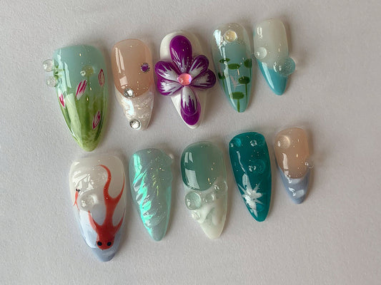 Vibrant Floral 3D Gel Nail Set | Beautiful Colorful Y2K 3D Gel Manicure Press On Nails | Ocean Fish Nail Art | Floral Nails | J132