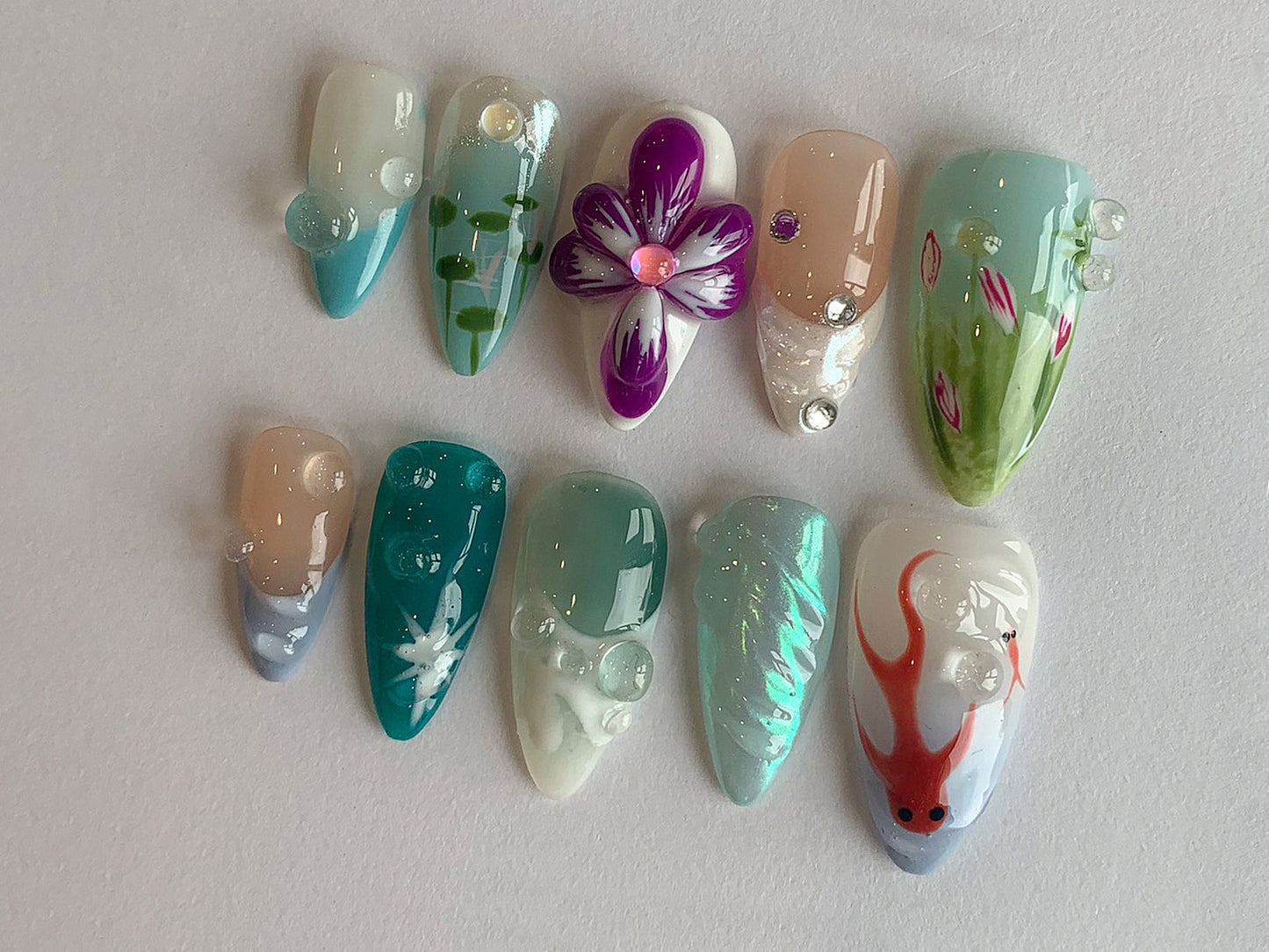Vibrant Floral 3D Gel Nail Set | Beautiful Colorful Y2K 3D Gel Manicure Press On Nails | Ocean Fish Nail Art | Floral Nails | J132