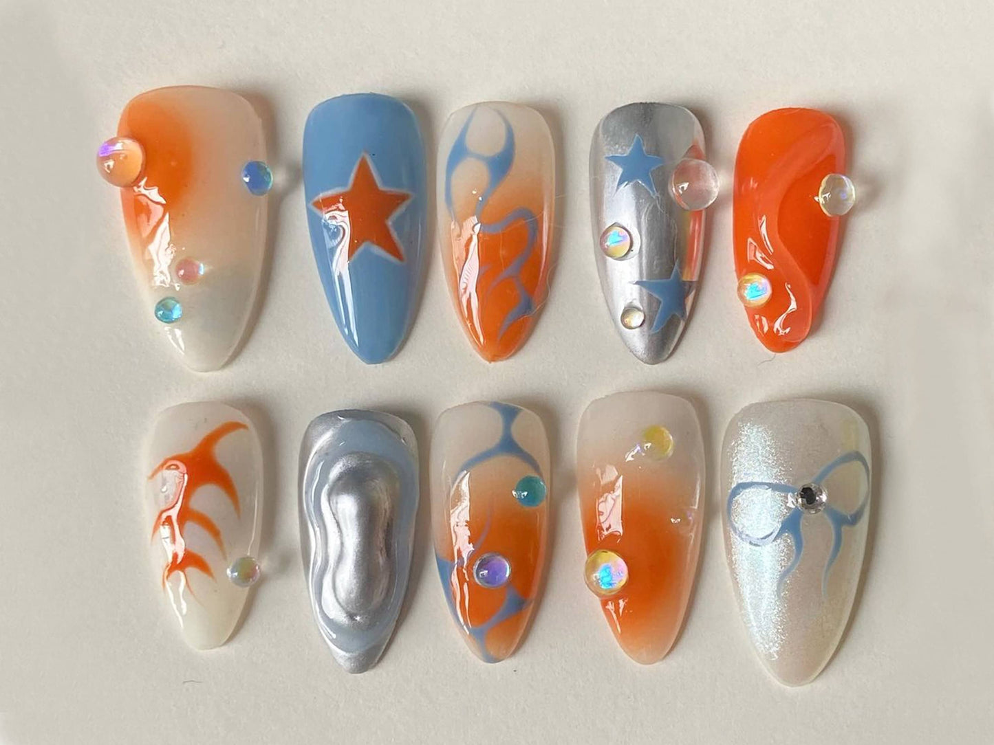 Elegant Orange Press On Nails | Y2k-Inspired Press On Nails| Orange and Blue with Unique Chrome Designs | Gift For Her | J27