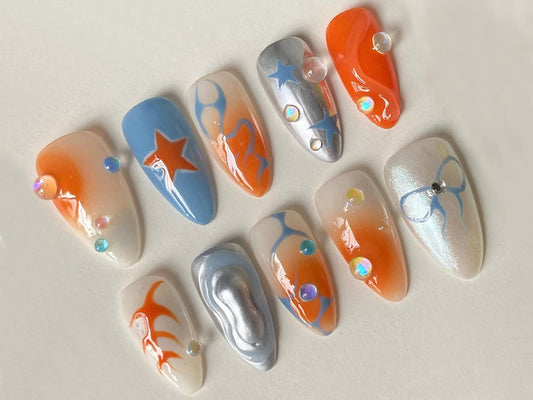 Elegant Orange Press On Nails | Y2k-Inspired Press On Nails| Orange and Blue with Unique Chrome Designs | Gift For Her | J27