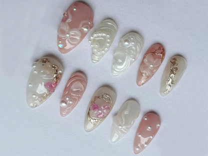 Pastel Pink Gel Nails | Gel-Embossed Press On Nails with Elegant Designs | Natural Nail Art | The Perfect Choice for Girls | J29