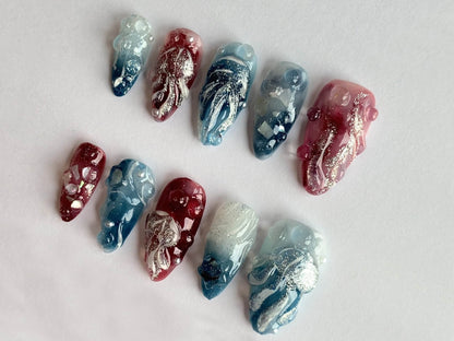 Ocean Floor Jellyfish: 3D Gel Press On Nails for a Deep Look | Sparkling Pink and Blue | 3D Nail Art with Standout Designs | J133