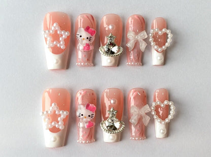Elegance French Tip Nails | Hello Kitty | Luxurious Nail Art| Kawaii Press On Nail| Trendy Nails| Handmade Hello Kitty Nail Charms | J134