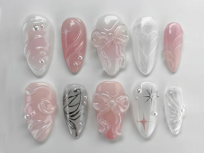Bow Pink Press On Nails | Elagant Nail Art with Y2K Degisns | Ribbon Almond Press On Nails | 3D Gel Nail | Abstract Nails | Cute Nails | J38