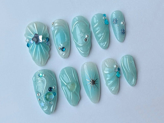 Ocean-Inspired Ombre Press On Nails | Jelly Jade Blue Nail Art | Beautiful Y2K 3D Gel Manicure in Fake Nails | Unique Y2K Nails | J87