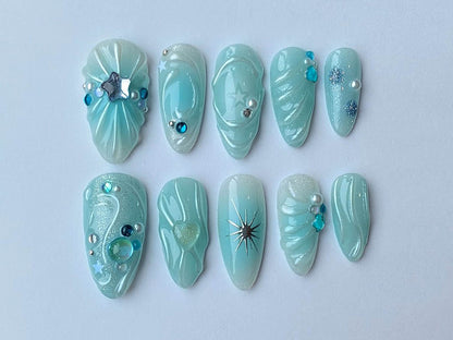Ocean-Inspired Ombre Press On Nails | Jelly Jade Blue Nail Art | Beautiful Y2K 3D Gel Manicure in Fake Nails | Unique Y2K Nails | J87