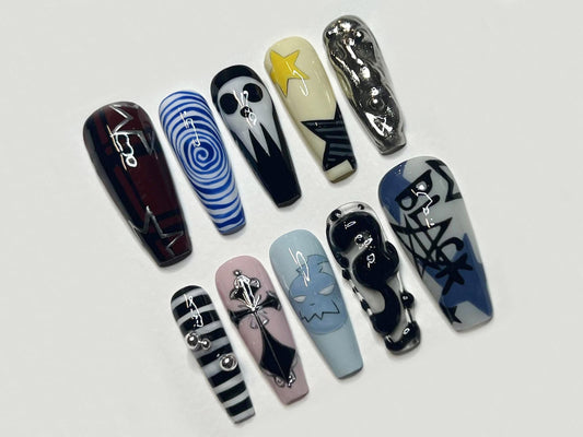 Festive Halloween Press On Nails| Reflective Chrome Press On Nails| Abstract Festive Nail Art| Chrome Nails | J60