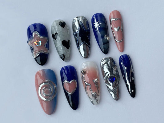 3D Freestyle Press On Nails | Dark Blue Ombre Handpainted Nail Set | Lovely Heart 3D Gel in Fake Nails | Gorgeous Nails | Acubi Nails | J31