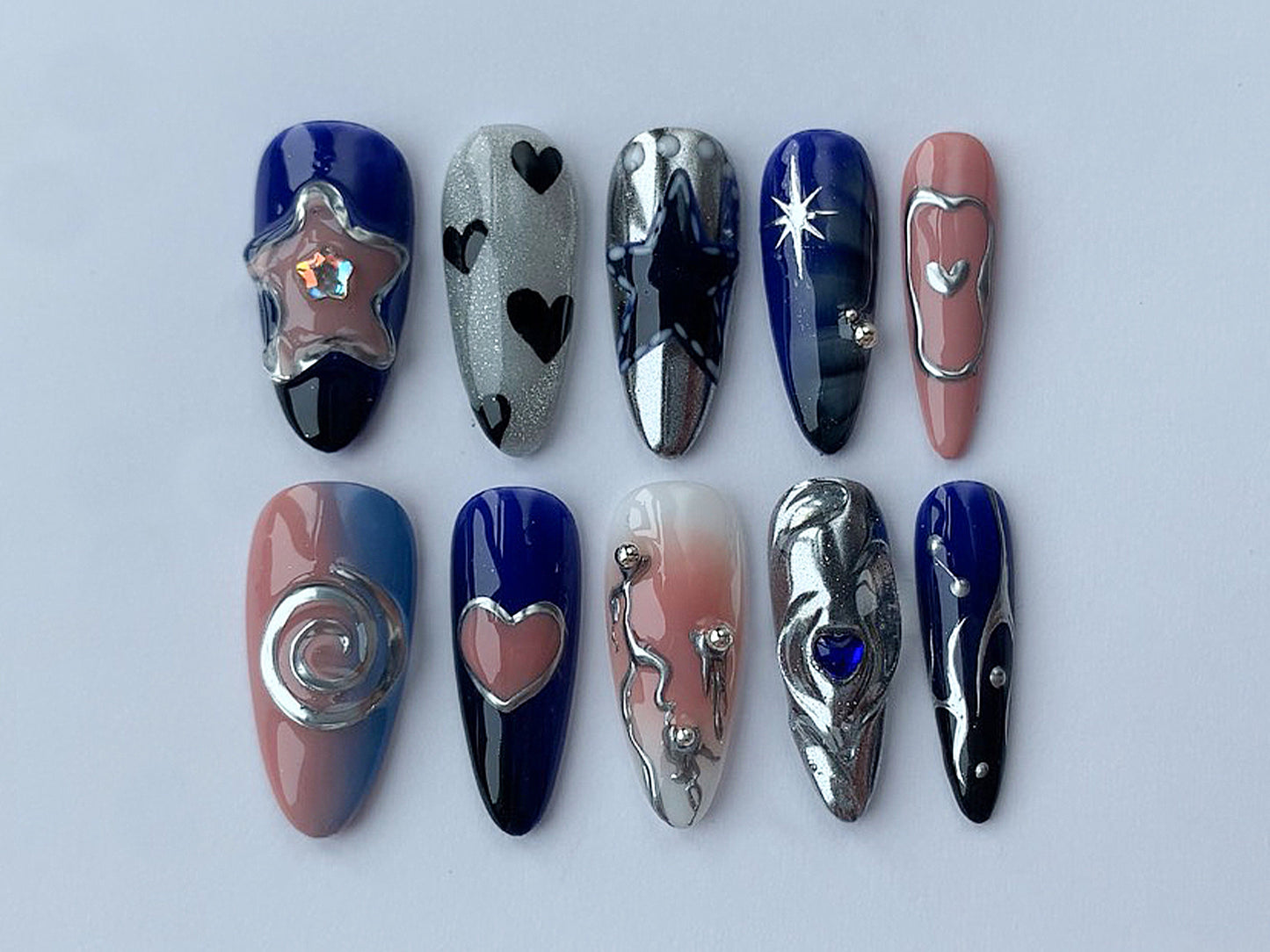 3D Freestyle Press On Nails | Dark Blue Ombre Handpainted Nail Set | Lovely Heart 3D Gel in Fake Nails | Gorgeous Nails | Acubi Nails | J31