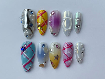 Cute Colorful Press On Nails Almond | Y2K-inspired Nail Set | Hot Summber Vibe Nail Art | Fake Nails | Holiday, Party, Beach Nails | J114