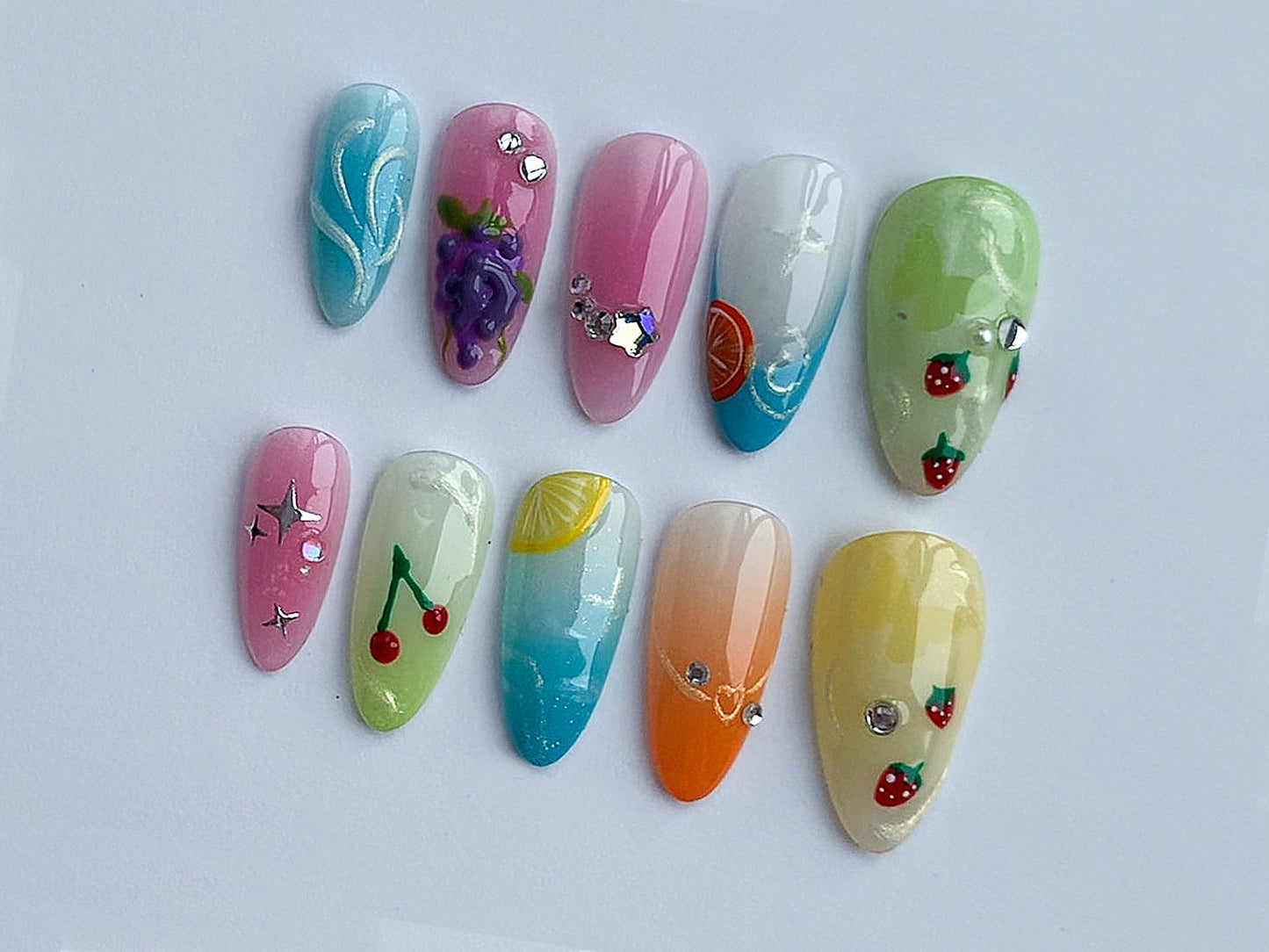 Tropical Forrest Fruit Press On Nails | Colorful Pastel Hanpainted Freestyle Nail Set | Trendy Nails | Fake Nails | Summer Vibe Nails | J80