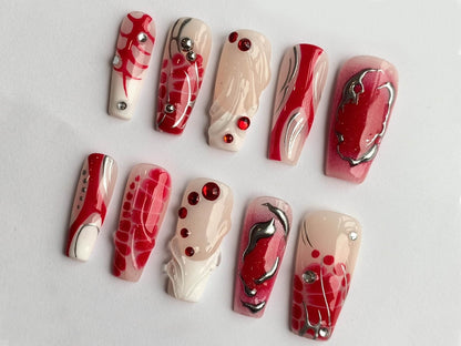 Edgy Luxury Press on Nails | Handpainted Nail Art | Fake Nails | Abstract Nail Art | Contrast Bling Nails | Red Stripes Designs| J138