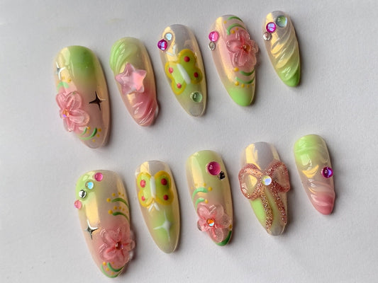 Cute 3D Flower & Butterfly Nails | Medium Almond Press On Nails | Handmade Gel False Nails for Birthday Event Party Holiday Vacation | J142
