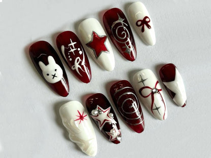 Mechanic Press On Nails | Easter Nails | Rabbit Design | Red Ombre Nails | Gel Fake Nails | Y2K Nail | Gift For Her | J91