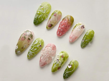 Dreamy Strawberry Garden Nails | Stand Out with 3D Gel Nail Set | Floral and Strawberry Patterns | Dreamy Garden on Your Fingertips | J94