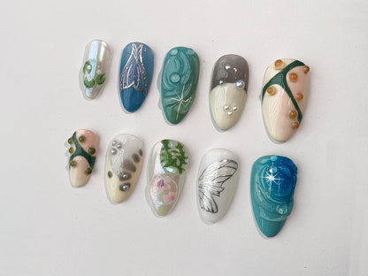 Free Style 3D Gel on Almond Press On Nails | Acrylic Nail Art, Luxury Handmade Fake Nails | Fairy Core Nails | Mermaid Nails | Abstract |J98